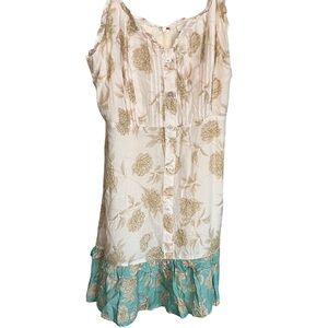 Olivaceous Cream and Teal Floral Casual Dress